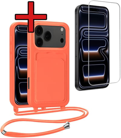 Hoesje Geschikt voor iPhone 17 Pro / 18 Pro Hoesje Met Telefoonkoord en Pasjeshouder Met Screenprotector Siliconen - Hoes Geschikt voor iPhone 17 Pro / 18 Pro Hoesje Met Kaarthouder Case - Papaya