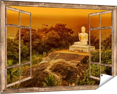 Gards Tuinposter Doorkijk Boeddha Beeld bij een Tempel in het Bos - 150x100 cm - Tuindoek - Tuindecoratie - Wanddecoratie buiten - Tuinschilderij