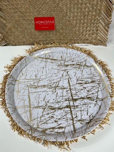 Melamine dienblad - rond - marble - 50CM - / Wit /GOUD - Homestar - serveerschaal- Dienbladen
