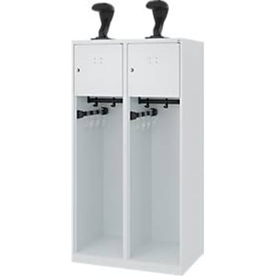 Brandweerkluis C+P Evolo Youngster, 2 vakken, met helmhouder, vloerglijders, B 800 x D 500 x H 1530 mm, RAL 7035 lichtgrijs