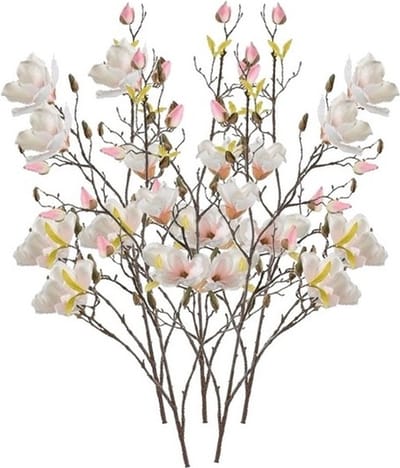 Emerald Kunstbloem Magnolia tak - 5x - 105 cm - creme wit/roze - Kunst zijdebloemen