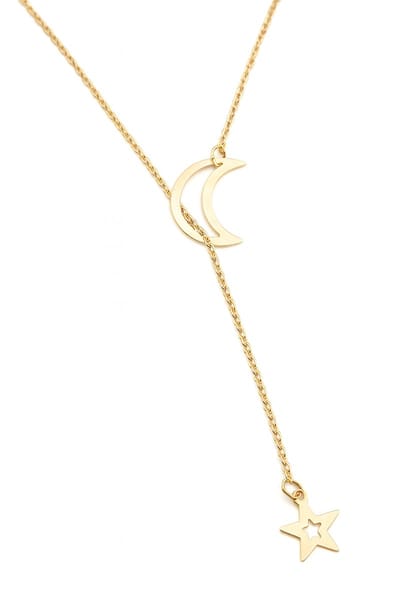 Lariat dames ketting - maan en ster - goudkleurig metaal - met slotje 63 cm