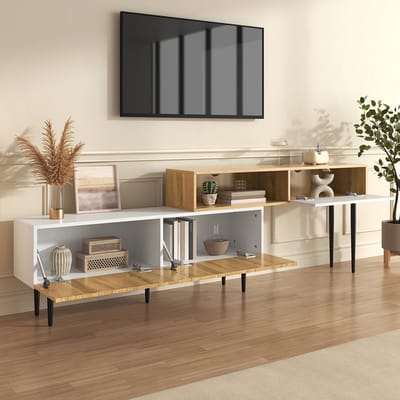 BLACKCOLORS Moderne tv-meubel met verstelbare lengte, modulair ontwerp in 2 delen, houtlook + mat wit, zwarte metalen poten, multifunctioneel meubel voor in de woonkamer