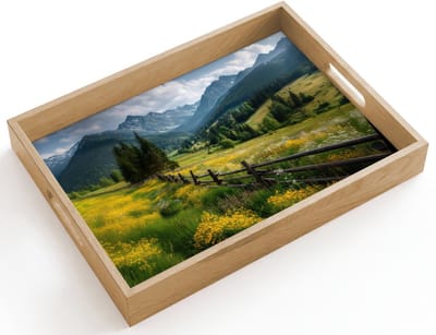 Dienblad hout 40x30 cm - Schootdienblad - Veld - Hek - Bergen - Bloemen - Borrelplank rechthoek - Plateau dienbladen