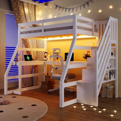 HAUSS SPOLE Hoogslaper 90x200 cm - Met Bureau, Ledverlichting En Opbergtrap - Zonder Matras - Houten Kinderbed - Wit