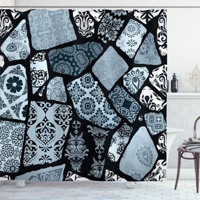 ABAKUHAUS douchegordijn – bloemen – geometrische vormen – 175x200 cm – blauwgrijs