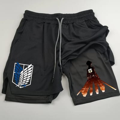 Anime Attack on Titan Print Heren Twee-in-Eén Dubbellaags Sport Fitness Casual Shorts M black