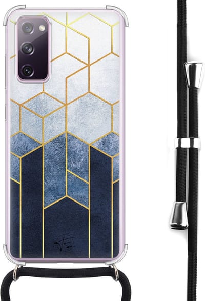 Hoesje met koord geschikt voor Samsung Galaxy S20 FE - Geometrisch fade art - Inclusief koord - Crossbody beschermhoes - Transparant, Blauw - Mooie Telefoonhoesjes