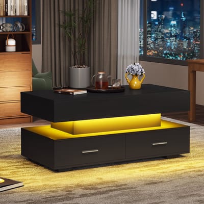 Wishdor hydraulisch verstelbare salontafel 100×50×44 cm — LED met Bluetooth-app, muzieksynchronisatie, 2 lades & verborgen opbergruimte
