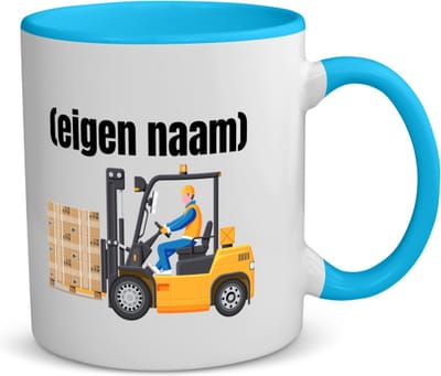 Akyol - heftruck met pallet met eigen naam koffiemok - theemok - blauw - Heftruck - mensen die werken in de magazijn - collega's - verjaardag - afscheidscadeau - geschenk - kado - 350 ML inhoud