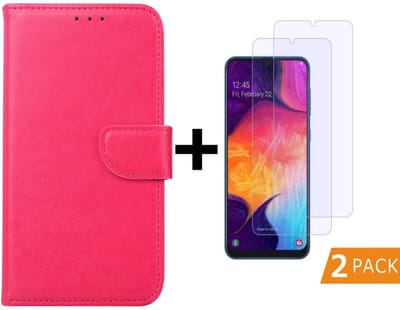 Ntech Hoesje Geschikt Voor Samsung Galaxy A50 Portemonnee hoesje - Pink + 2xTempered Glas