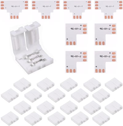 28-delige LED Strip Connector Set: L-vormige en T-hoek verbindingen, 3-pin, 10 mm, eenvoudig te installeren zonder solderen, geschikt voor WS2811, WS2812b en SK6812