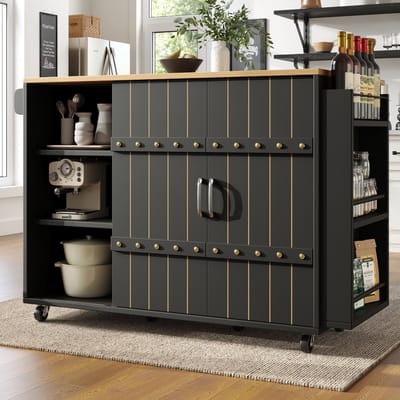 MODENUIT Keukeneiland - Met Klapbaar Tafelblad En Schuifdeuren - Voor Keuken En Eethoek - MDF - Zwart - 110x42x90 Cm