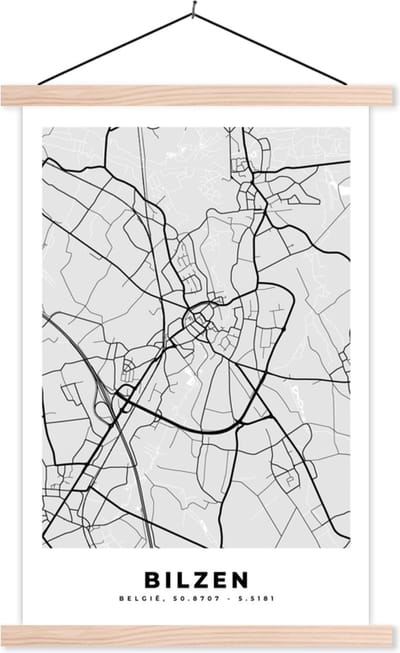 Posterhanger incl. Poster 40x60 cm - Schoolplaat - Zwart Wit – België – Plattegrond – Stadskaart – Kaart – Bilzen - Textielposter - Blanke latten - Stadskaart