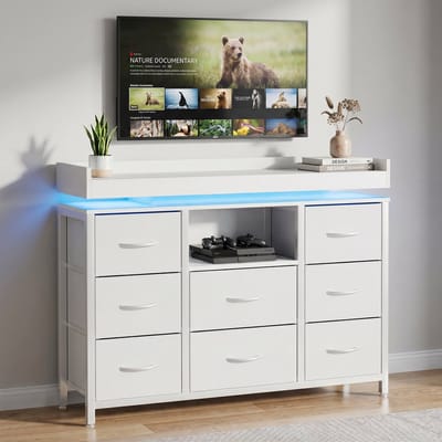 Slaapkamerkast LED-Verlichting USB-Aansluiting, Opbergmeubel met 8 Stoffen Lades, Ldeaal Voor Jongeren Persoonlijke Sfeer Creëren, Handige Oplaadfunctie Grote Capaciteit (Wit)