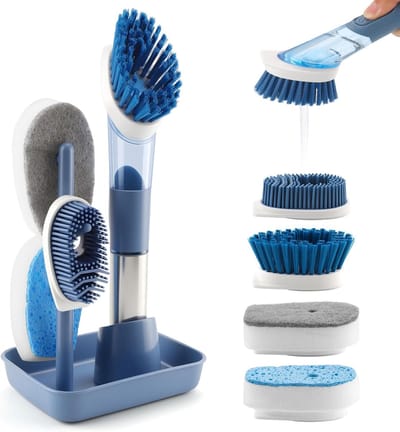 Dailygoods- Afwasborstel Navulbaar - Schoonmaakborstel Set 4 Borstelkoppen - Keukenborstel 28,5 cm - Roestvrijstalen Handgreep - Vloeistofdispenser