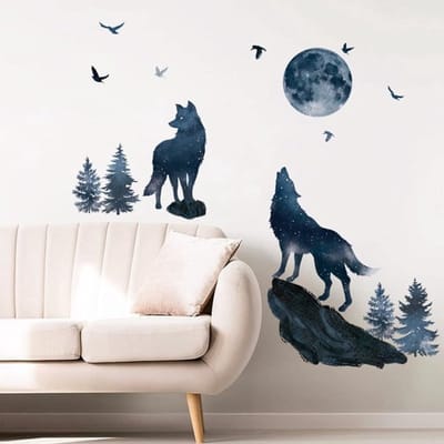 Allecto - Muursticker Wolf met Maan - Decoratieve Wanddecoratie