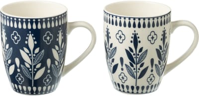 J-Line mok Bladeren - keramiek - blauw/wit - doos van 2