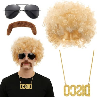 80s Disco Kostuum voor Mannen met Perkament, Zonnebril en Disco Ketting voor Carnavalsfeesten en Themapartijen in Lichtgoud