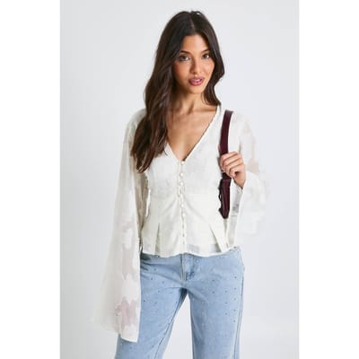 boohoo Dames Bloes met bloemenprint en getextureerde stof met knoopsluiting | Creme | Maat: 36