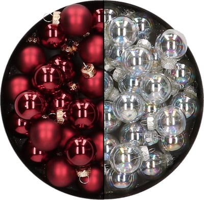 Mini kerstballen - 48x st - transparant parelmoer en donkerrood - 2,5 cm - glas