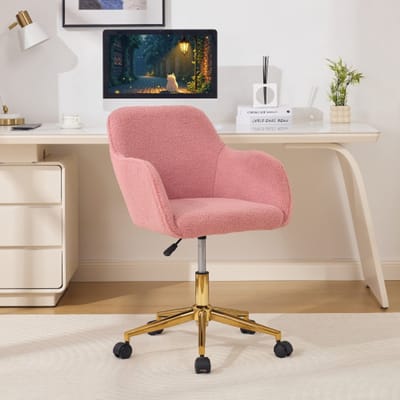 Intebiki bureaustoel - gaming stoel - ergonomische bureaustoel - bureaustoelen voor volwassenen - Teddy fleece stof - In hoogte verstelbaar - 360° draaibaar - Gouden poten - Geschikt voor kantoor en thuiswerkplek - roze