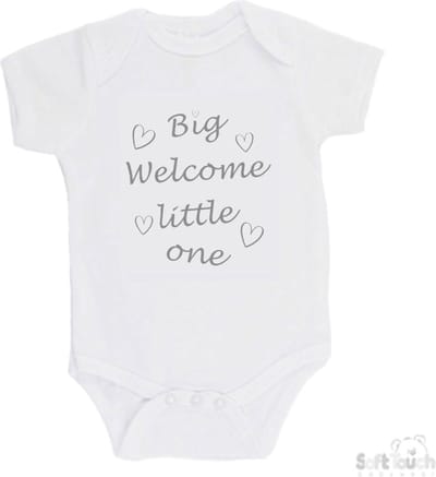 Soft Touch Romper "Big welcome little one" Unisex Katoen Wit/grijs Maat 62/68