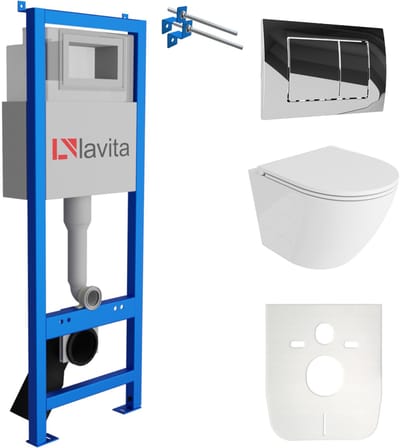 LAVITA® Inbouwreservoir Complete Toiletset LAV 101 - Inbouw WC Hangtoilet Wandcloset SOFI ONE Wit Hoogglans - Bedieningsplaat 200.1.2 Chroom - Voorwandelement voor toilet 40cm - Installatiesysteem