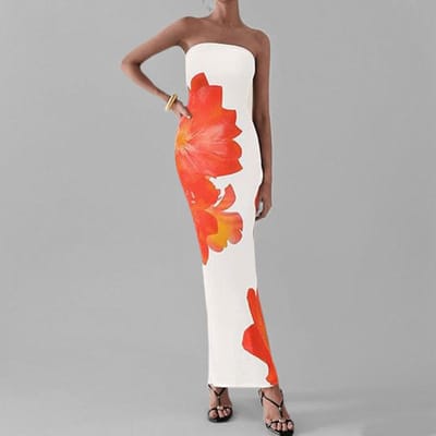 Lente Moesson Dames Nieuwe Strapless Bedrukte Lange Jurk S white