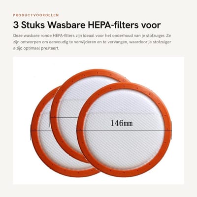 Dailygoods- HEPA-filter wasbaar - stofzuigerfilter - rond HV-filter - 3 stuks - katoen - eenvoudig te vervangen