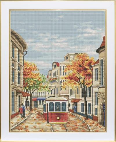 Borduurpakket VDV - Autumn Tram - Herfsttram - DMC garens - telpatroon om zelf te borduren