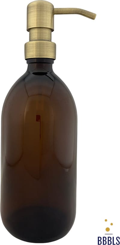 BBBLS® Design Dispenser "Blanco" | Bruin Glas | 500ml | RVS / Metaal Pomp Goud | Zeeppomp | Zeepdispenser | Zeephouder