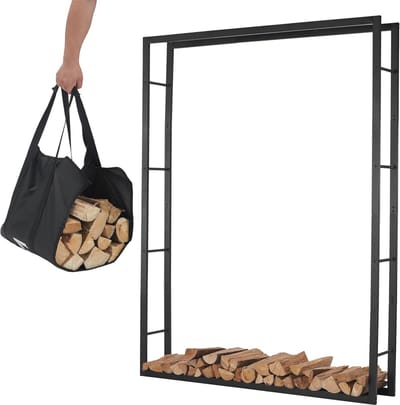 Houtopslag met Draagtas - Stevige Brandhoutrek voor Binnen en Buiten - Zwart Metaal (148x25x196cm)