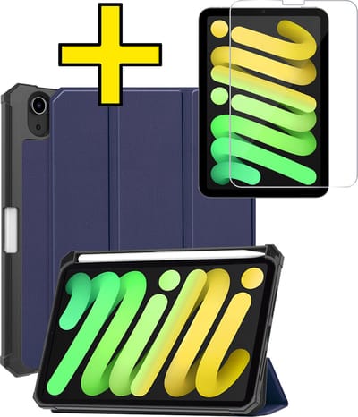 Hoes - Geschikt voor Apple iPad Mini 7 (2024) - 8.3 inch - 7e Generatie - Met Screenprotector - Trifold Bookcase - Hard Cover Case - Met Uitsparing Geschikt voor Apple Pencil - Hardcover Book - Tablet Hoesje - Donkerblauw