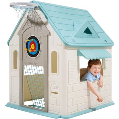 VEVOR Buitenspeelhuis 5 in 1 Tuinhuis (Rollenspeelplaats/Basketbal/Darts/Voetbal/Ringwerpen) Kinderspeelhuis met praktische deur, glijbaan en raam voor peuters vanaf 2 jaar