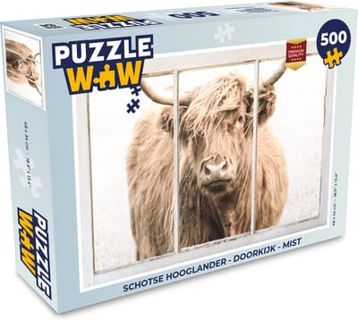 Puzzel Schotse hooglander - Doorkijk - Mist - Legpuzzel - Puzzel 500 stukjes
