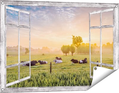 Gards Tuinposter Doorkijk Koeien in de Wei tijdens Zonsopgang - 90x60 cm - Tuindoek - Tuindecoratie - Wanddecoratie buiten - Tuinschilderij