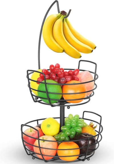 2-lagige fruitmand met bananenhaak - metalen fruitstandaard voor keuken