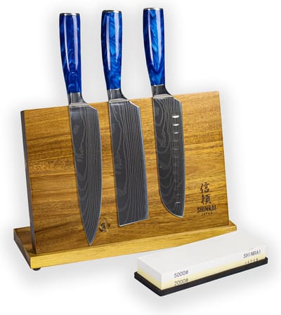 Shinrai Knives - Messenset 3-delig - Messen met Messenblok en Slijpsteen - Epoxy Sapphire Damascus Print - Messenhouder - Keukenmes - Koksmes