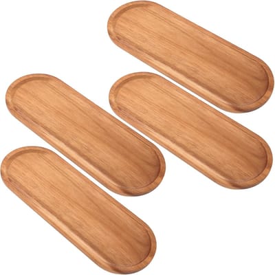 4-delig Acaciahouten Dienblad Ovaal 29 x 10,5 x 1,5 cm - Ellipsvormige Dienplaat van Hout Groot, Afzetschaal Acacia Ovaal Houten Dienblad - Dienblad Ovaal 30x10cm van Acacia voor Onderzetters