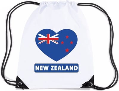 Nieuw Zeeland thema sporttas - nylon rijgkoord rugzak - wit met hartjes vlag print - supporters - 11 liter - 45 x 34 cm