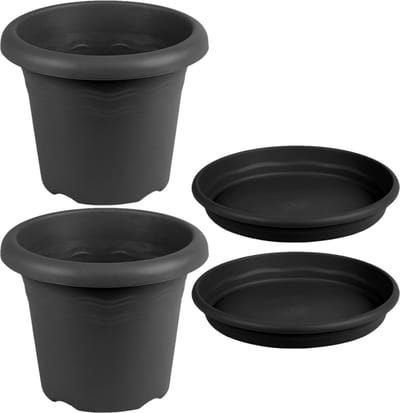 3x stuks ronde plantenpotten antraciet grijs met opvangschaal met diameter 14 cm - Kunststof - Buiten gebruik