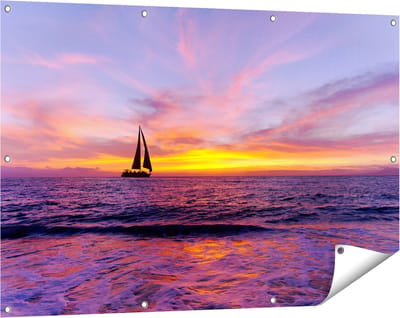 Gards Tuinposter Zeilboot Silhouet bij Zonsondergang - 120x80 cm - Tuindoek - Tuindecoratie - Wanddecoratie buiten - Tuinschilderij