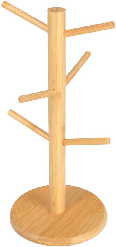 Koffiekopjesrek - bamboe kopjesrek - dikke basis - kopjesrek voor op de toonbank - koffiekopjesrek met 6 haken - opbergrek - afdruiprek - mokbekerrek - sieradenrek voor theekopjes in de woonkamer - opbergrek - 34,5*15,5CM