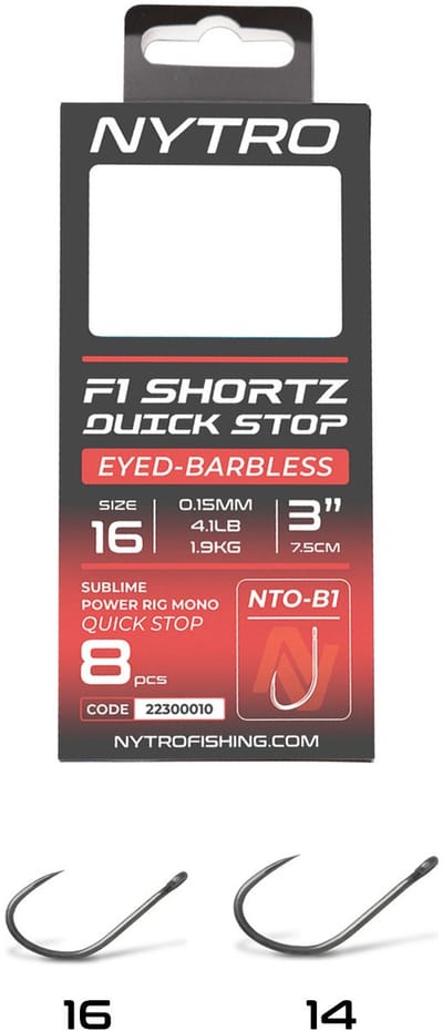 Nytro Ready Tied Rigs F1 Shortz Quick Stop 7.5cm Eyed-Barbless (8 pcs) - Maat : Haak 14 - 0.13mm