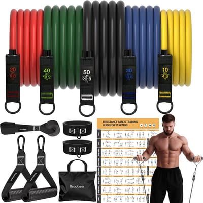 Set weerstandsbanden met handgrepen, bouwset voor gewichten, 150 pond, elastische banden voor yoga, gymbanden, met trainingsposter, deuranker en enkelbanden, yoga, fitnessapparatuur voor mannen en