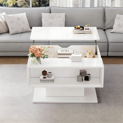 MODFU Salontafel Met Hefbaar Blad En Opbergruimte - Geometrisch Ontwerp - Voor Woonkamer - Spaanplaat - Wit - 80 X 75 X 40 Cm