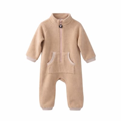 Ducksday - Fleecepak - Onesie voor kinderen - unisex - Lichtbruin - PFAS vrij - Gerecycleerd Polyester - maat 74/80