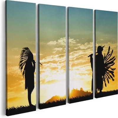 Artaza Canvas Schilderij Vierluik Twee Silhouetten van Indianen bij Zonsondergang - 80x60 - Foto Op Canvas - Canvas Print