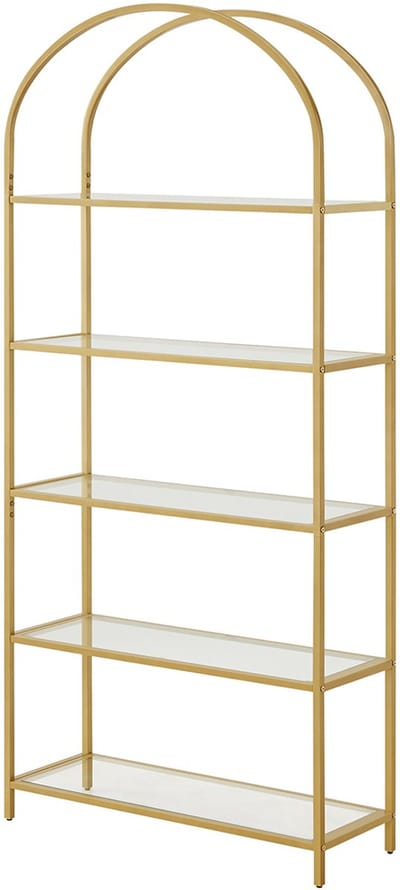 Vrijstaande opbergkast display rek boekenplank 32×12×72 inch gouden stalen frame gehard glazen planken boogvormig ontwerp 5 lagen opbergruimte hoge draagkracht geschikt voor woonkamer studeerkamer slaapkamer moderne minimalistische stijl